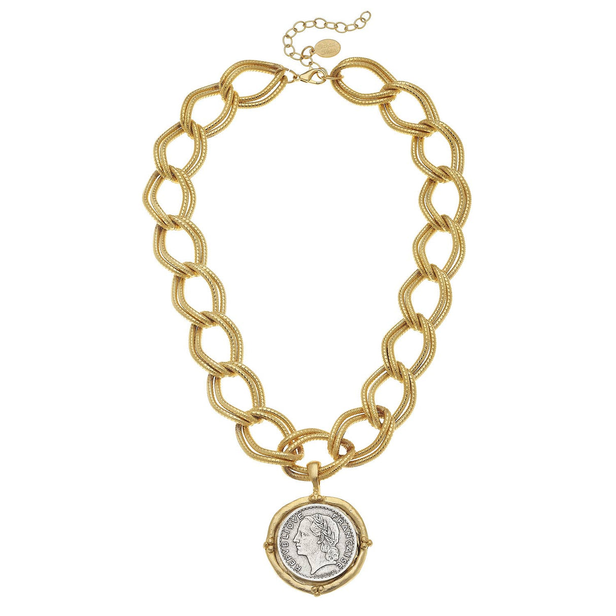 Gold and Silver Coin on Gold Chain Necklace