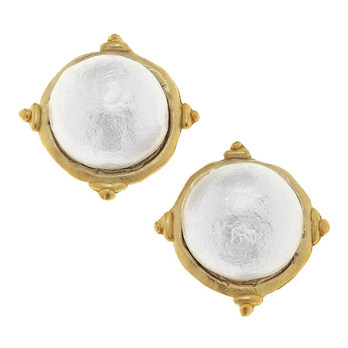 Gold and White Pearl Cabochon Earrings
