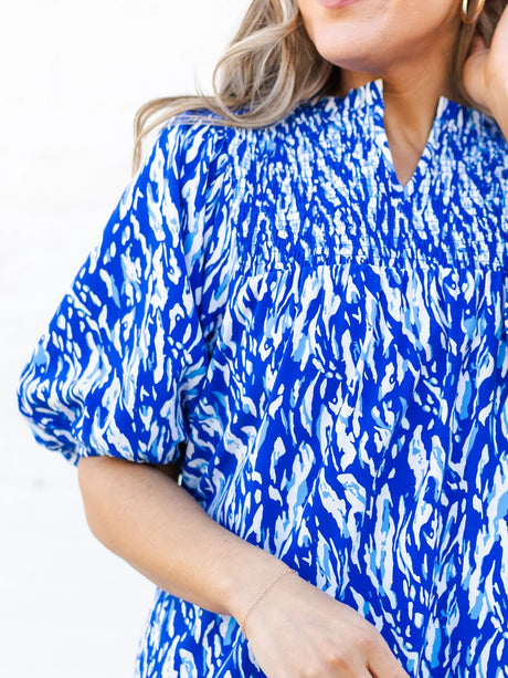 Amelia Dress | Tiger Tail Blue + White