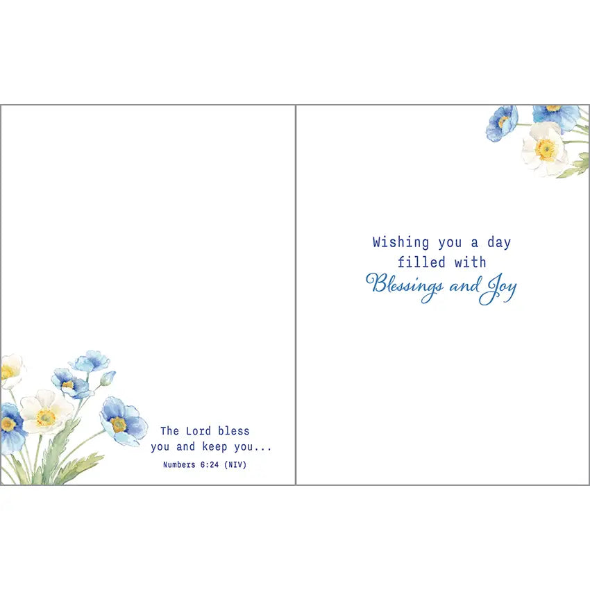 With Scripture Birthday Card - Blue Flowers in China Vase