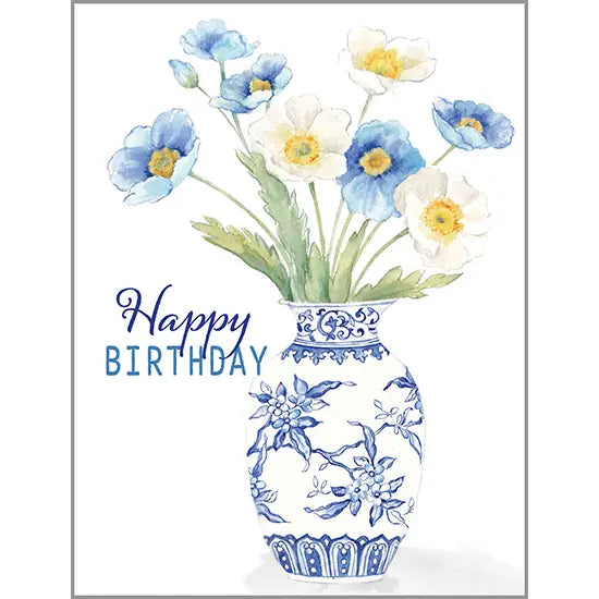 With Scripture Birthday Card - Blue Flowers in China Vase