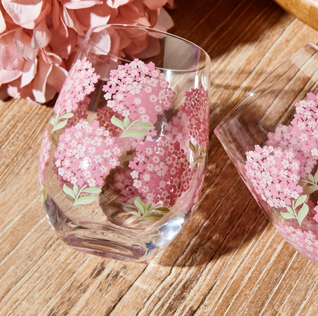 Pink Hydrangea Stemless Wine Glass