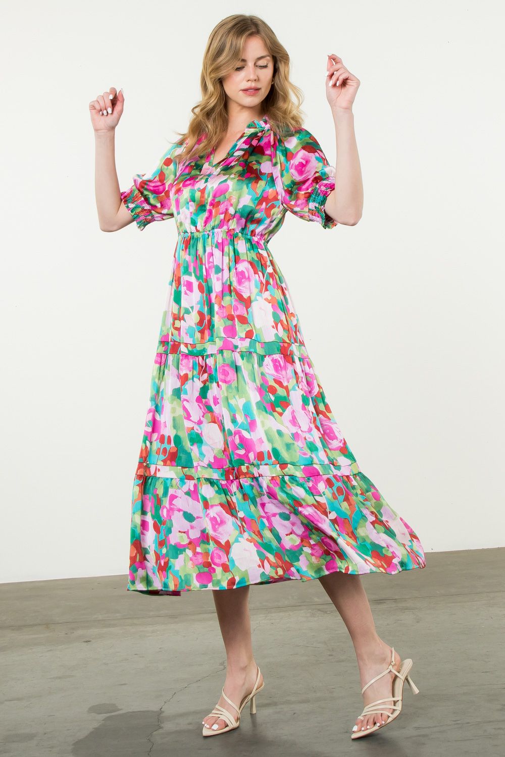 Short Sleeve Tiered Multi Color THML Dress